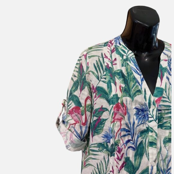 J McLaughlin 100% Linen Tropical Flamingo Print Tunic Swim Cover Dress Women's S - Picture 2 of 8